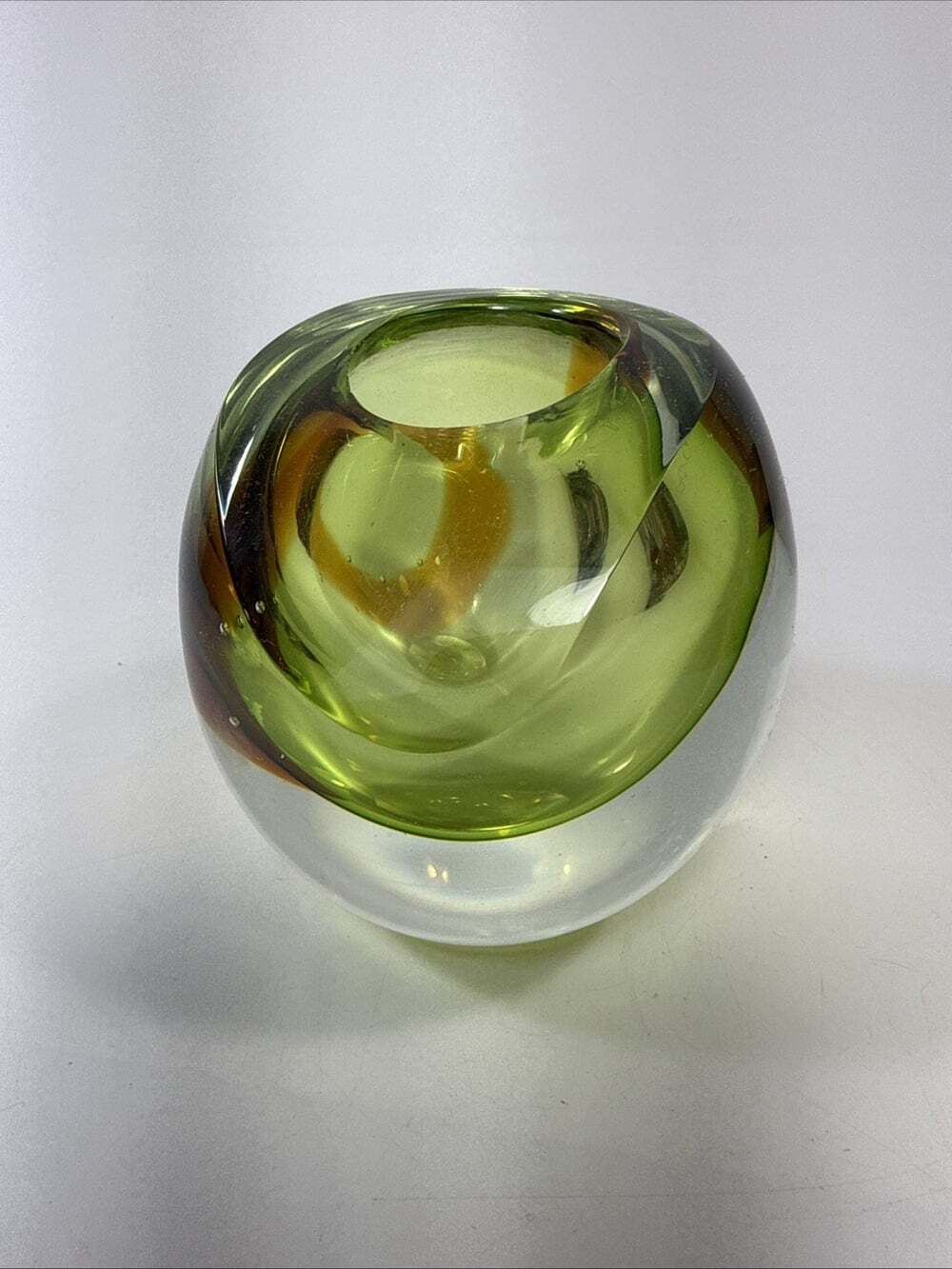 Vtg Sommerso Faceted Art Glass Votive Green And Amber Candle Holder 4”